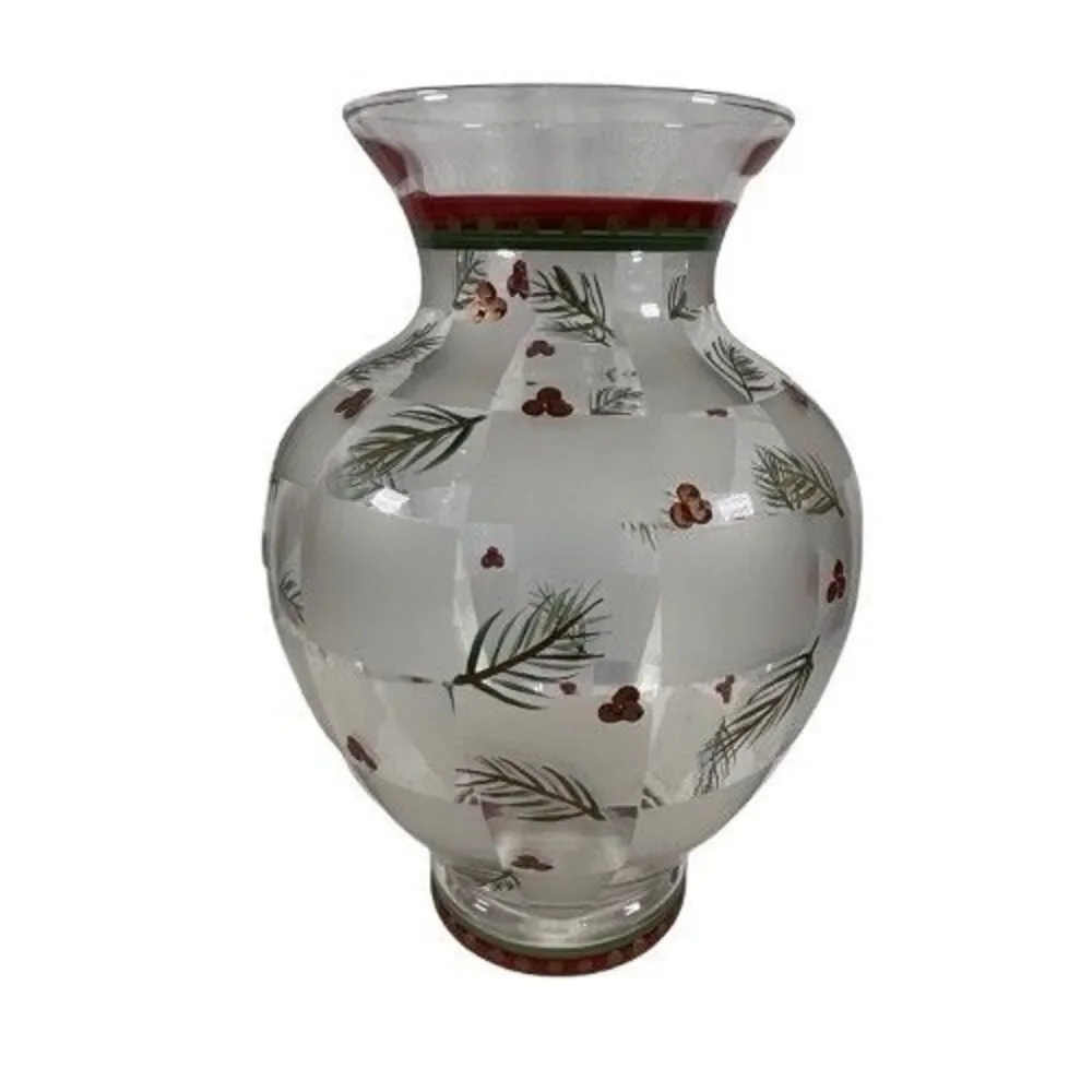 LG Glass Holly Berry & Pinecones Vase Hand Painted VTG Winter Holiday Christmas